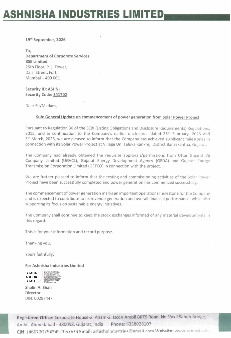 Ashnisha Industries Limited BSE announcement dated 19 September 2026 on commencement of power generation from Solar Power Project